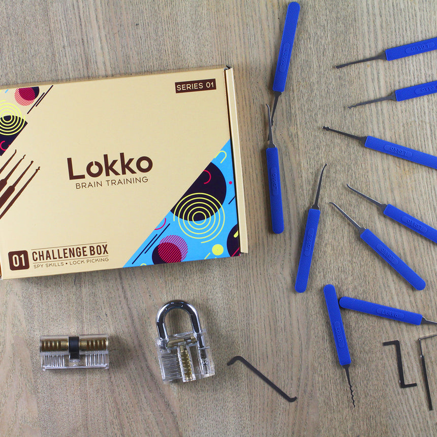 Lokko Set: Box with Lock pick set and tension tools and practice locks