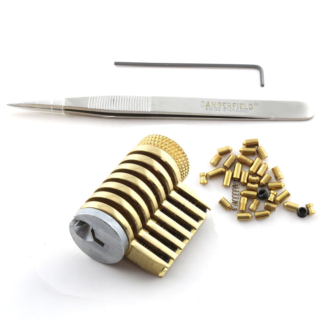 Dangerfield Infinitus Repinnable Cutaway Training Lock + Tweezers - all laid out