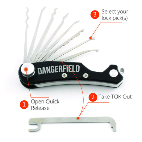 How to use a Dangerfield Skeleton EDC Multi Tool. 8 picks in the tool, they can pivot. Below the black body is the innovative tension wrench