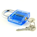 Lokko Spool pin medium practice padlock shackle closed with keys inserted