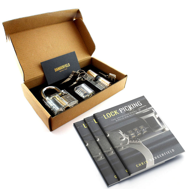 Dangerfield 3x Training Locks in a box, with How to Pick Locks (Lock Picking by Dangerfield) booklet underneath